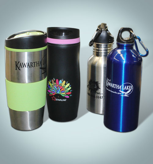 Your logo printed on Promotional Merchandise, Promotional Items Mugs, Bottles, Travel cups, Promotional Products for Corporate gifts, barrie, Orillia, Collingwood, Midland, Huntsville, Gravenhurst