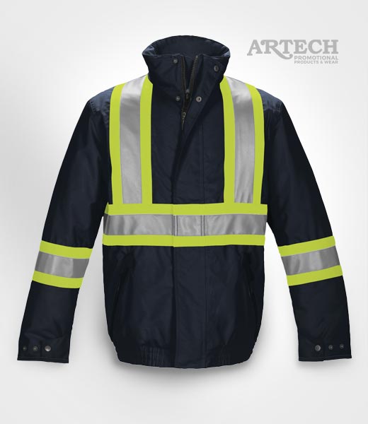 high-vis winter jacket, construction clothing, safety wear, canada sportswear high visibility bomber jacket, construction uniform, navy yellow